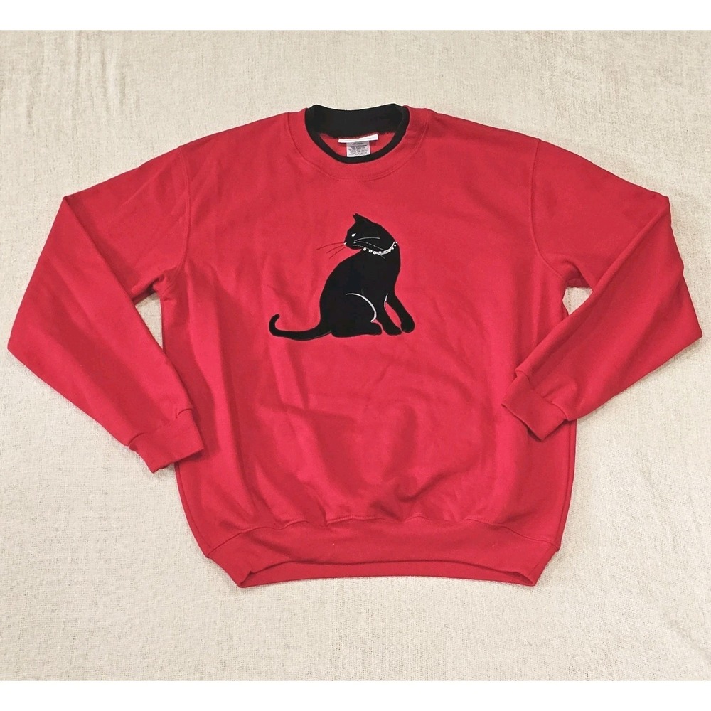 Country Store Red Black Cat Bird Pearl Collar Fleece Sweatshirt Women's Large